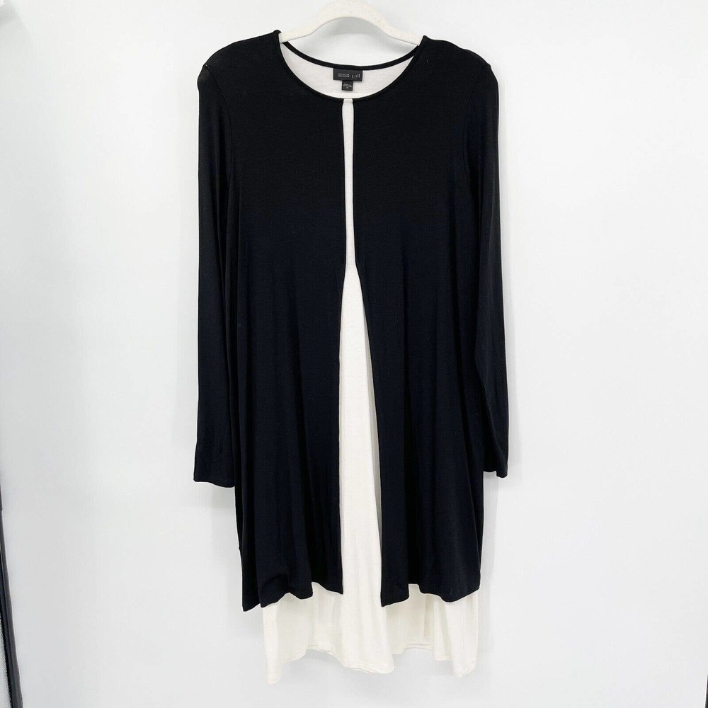 J Jill Wearever Collection Shift Dress Size M Black Cream Jersey Long Sleeve